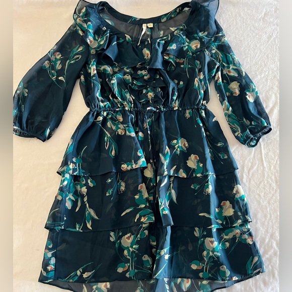 Lauren Conrad Women's Dark Green Floral Midi Dress Size 2 Small Chiffon Fall 3/4 - Picture 1 of 11